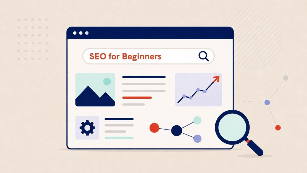 Illustration of a webpage with a search bar, content blocks, a settings gear and an upward-trending chart representing SEO.