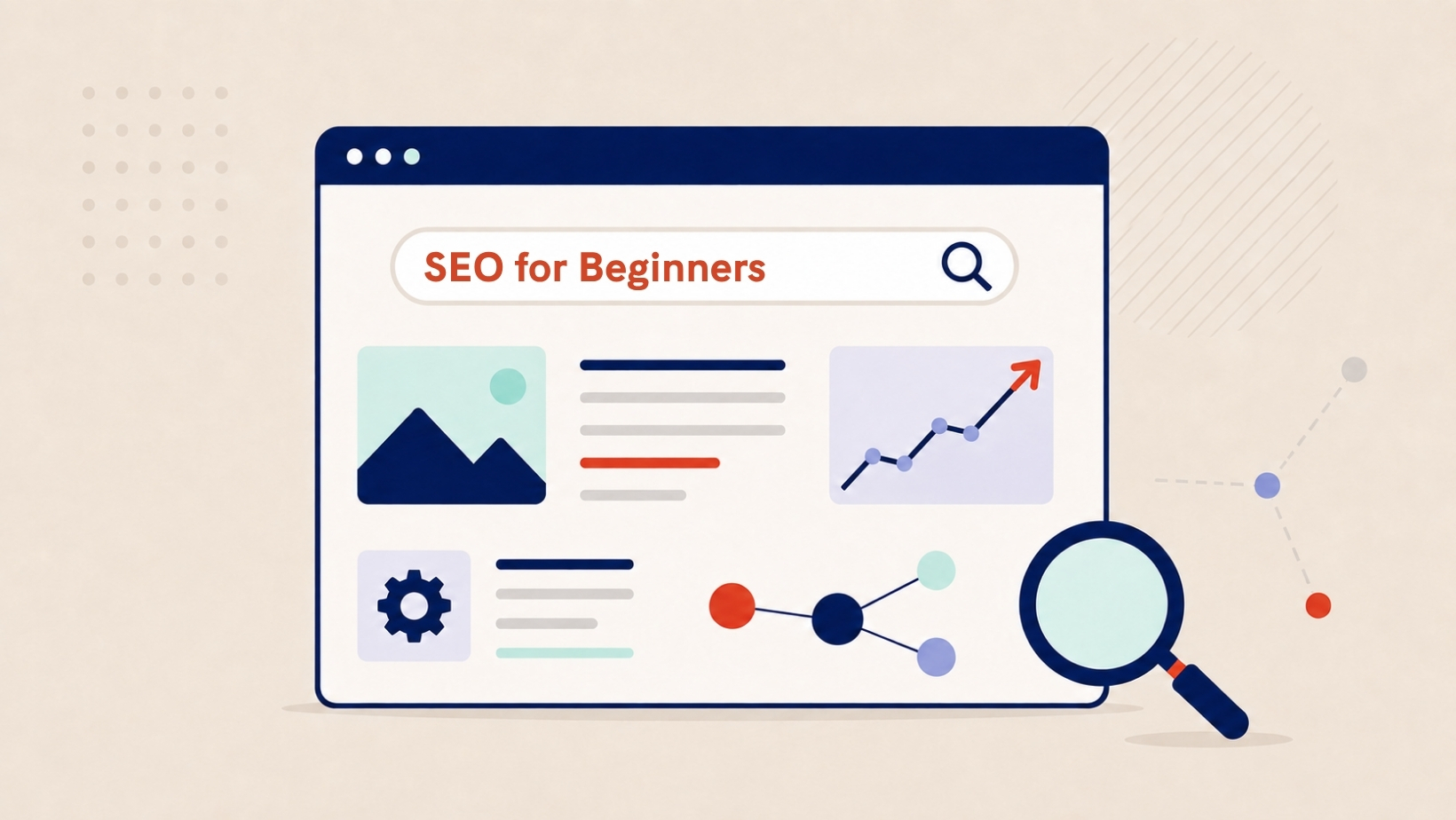 Illustration of a webpage with a search bar, content blocks, a settings gear and an upward-trending chart representing SEO.