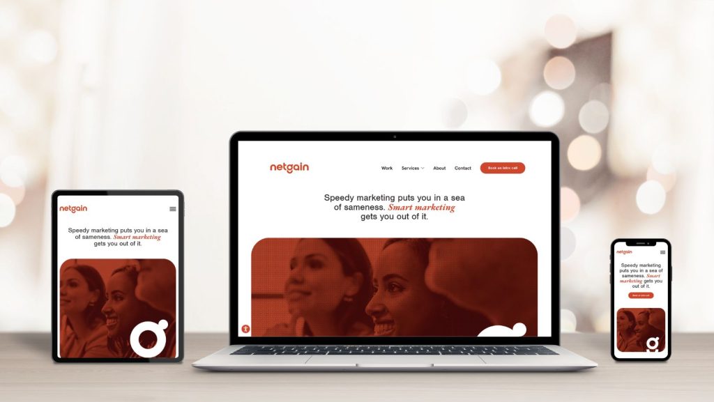 Netgain website displayed across a laptop, tablet, and smartphone to show responsive web design on multiple devices.