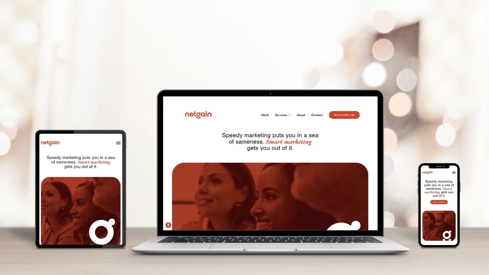 Netgain website displayed across a laptop, tablet, and smartphone to show responsive web design on multiple devices.